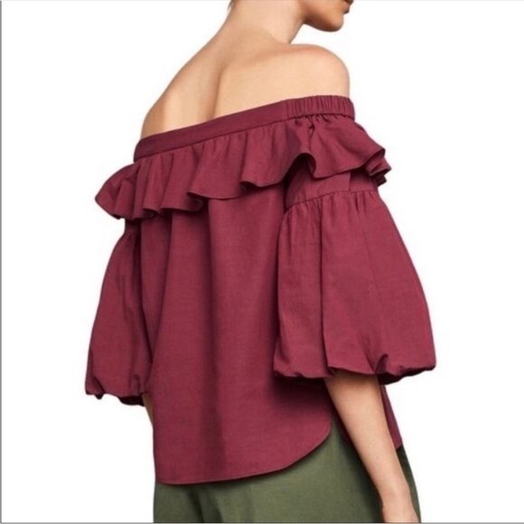 BCBG Maxazria Boho Burgundy Off Shoulder Ruffle Balloon Sleeve Blouse Top sz XS - Picture 6 of 7